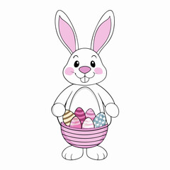 Cute Easter Bunny Holding Basket With Decorated Eggs For Celebration Holiday Illustration Happy Springtime Season Vector