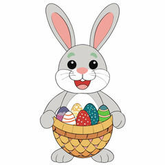 Smiling Easter Bunny Holding A Wicker Basket Filled With Decorated Eggs Festive Spring Holiday Cartoon Character Vector Illustration