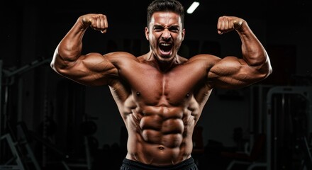 Obraz premium Muscular Man Flexing Biceps in Gym - A muscular man flexes his biceps, showcasing his defined physique in a dark gym setting