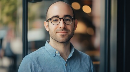 Fototapeta premium Young man smiling outside a café with blurred background