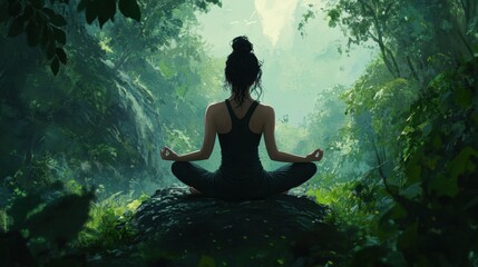 Rear view of a woman practicing yoga in a lush green forest sitting in a lotus pose and embracing nature while maintaining mindfulness and inner balance