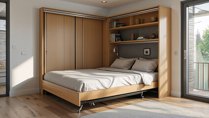 Modern Murphy Bed Design In Bright Airy Room With Hardwood Flooring