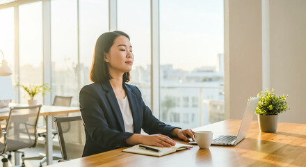Mindful Asian Businesswoman Meditating at Sunny Office Desk for Stress Relief