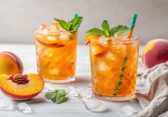 Refreshing Peach Iced Tea with Mint Garnish Served in Elegant Glasses Surrounded by Fresh Peaches and Ice Cubes on a Light Background