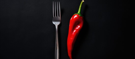 Top view red ripe chili pepper vegetable and fork on black surface background. Generate AI image