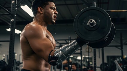 Sweaty muscular athlete with a prosthetic arm is lifting a barbell during an intense workout session in a modern gym, demonstrating resilience and strength
