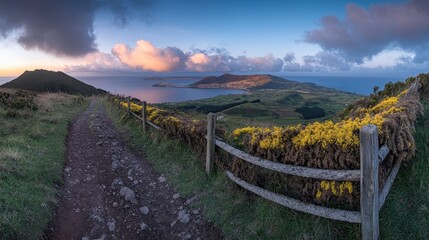 Fototapeta premium Scenic hiking trail, island vista at sunrise.