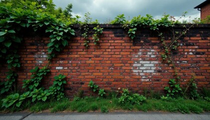 Weathered brick wall with overgrown vegetation and dark grey sky, urban decay, mortar, decay