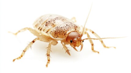 Close-up of a linen mite isolated on a white background, offering a clear view of its fine details and structure.