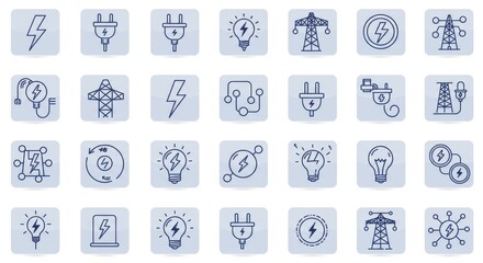 Fototapeta premium Power Grid Icons: Energy Technology Website Design - A collection of electricity icons symbolizing power, technology, connection, innovation, and sustainability. Ideal for website design