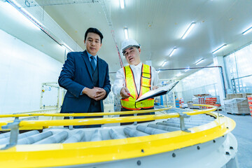 Asian businessman and factory worker walks around inspecting factory and production line that uses machinery to handle and pack goods before export. Export tax and customs inspection by accountant.