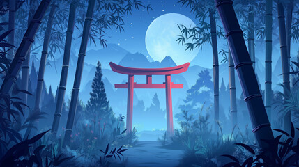 月夜の竹林に佇む赤い鳥居