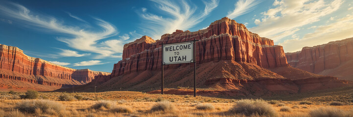 Sign with the inscription Welcome to Utah against the background of a summer landscape
