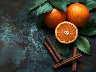 Tangerines with cinnamon sticks on a dark rustic background, cozy and warm lighting, winter mood