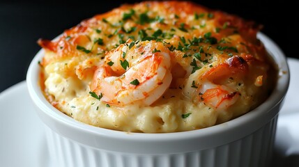seafood gratin Delicious shrimp casserole topped with golden cheese and herbs.