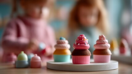 Children decorating colorful cupcakes with sprinkles in a pretend bakery