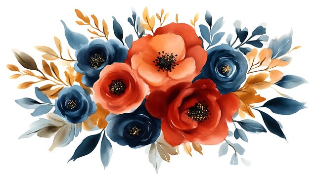 Watercolor Floral Arrangement Blue Red Gold Tones