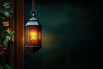 An ornate lantern casts a warm glow against a dark green background.