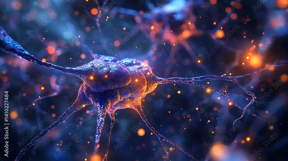 Poster close-up of a neuron, highlighting the intricate structure and complexity of neural connections in t