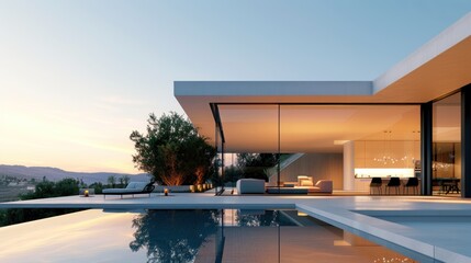 Fototapeta premium Modern minimalist private house exterior with pool at evening sunset. Generated AI image