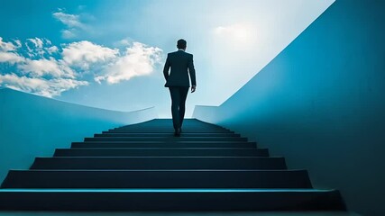 A businessman ascends modern stairs under a bright sky, symbolizing ambition and progress