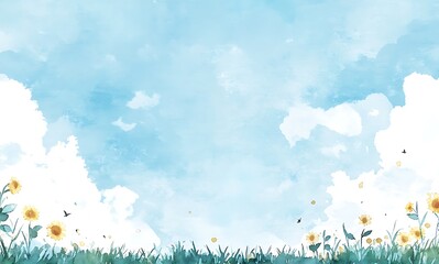 Watercolor background with sunflowers and white clouds onblue sky