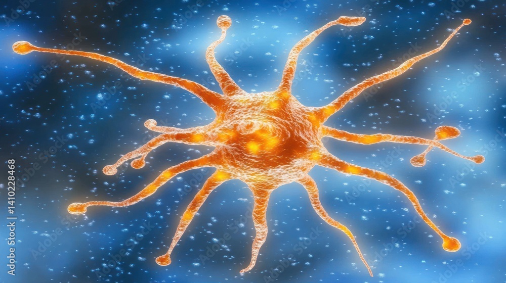 Poster close-up of a neuron, capturing the beauty of its intricate structure and glowing synapses against a