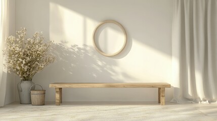 home interior in foryer area in front of room with wooden bench ,plant, bucket, hook,hanger,floor lamp,fabric,empty frame on white wall ,carpet and curtain in farm house style 3d render