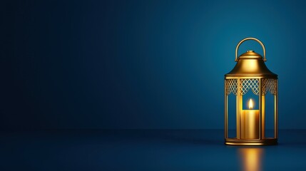 A golden lantern with a glowing candle on a deep blue background, creating a serene atmosphere.