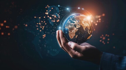 Businessman hand holding virtual globe with digital online network of global connection. Generate AI