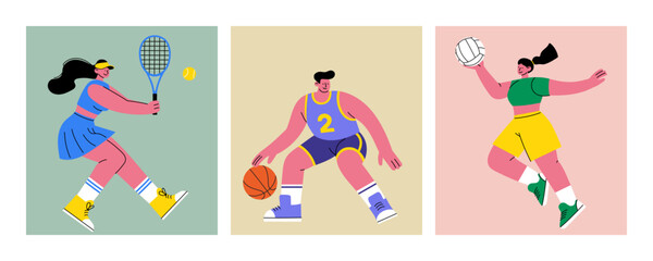 Flat sport characters playing tennis, basketball, and volleyball. Vector set for posters, web, kids projects, or sports materials