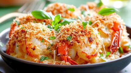 seafood gratin Delicious shrimp dish garnished with herbs and spices.