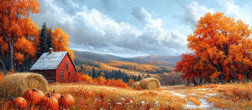 Autumnal Serenity: A Rustic Farmhouse nestled amidst vibrant fall foliage and rolling hills under a partly cloudy sky.