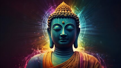 Enlightenment Abstract Art with Radiant Buddha Face, Third Eye Glow, Spiritual Light Trails, and Colorful Auras in Flowing Gradient Background for Awakening and Energy Healing Themes