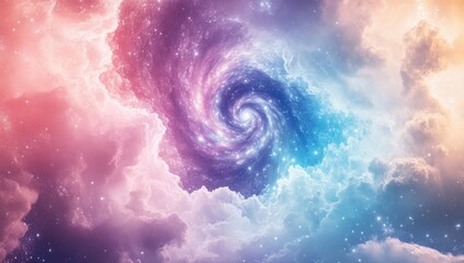 Celestial swirl within pastel clouds, cosmic spiral of stars and nebula