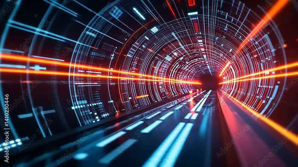 Wall mural futuristic digital tunnel with bright lights and data streams