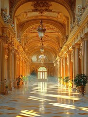 Obraz premium Ornate hallway with columns and arched ceiling bathed in warm light.