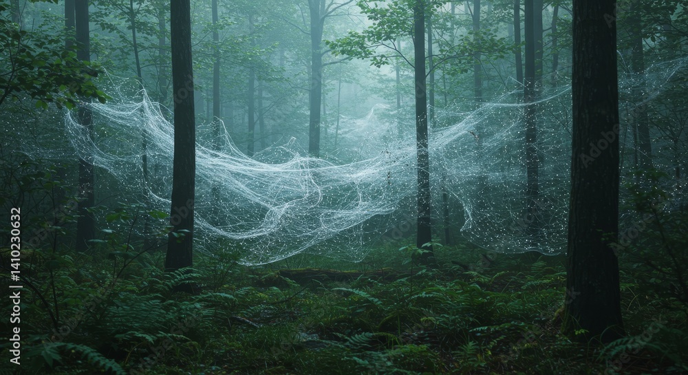 Poster silver filaments in the misty forest - a mystical scene of a large spiderweb draped through a misty 