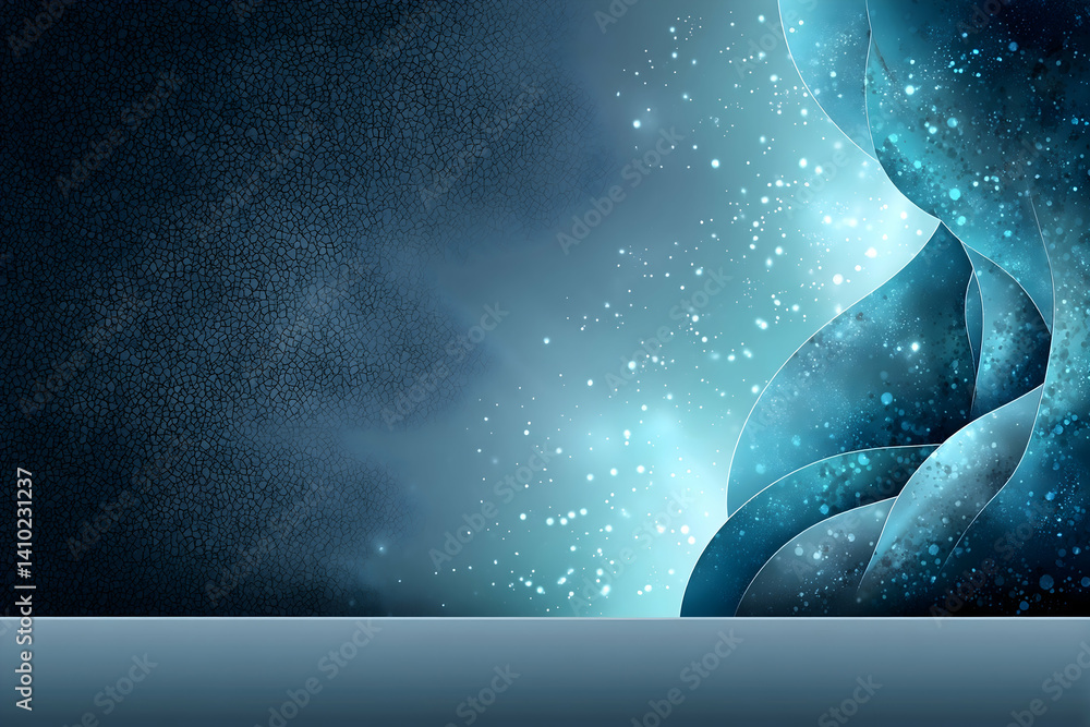 Poster abstract blue wave design with glowing particles and subtle textured background, featuring a bottom 
