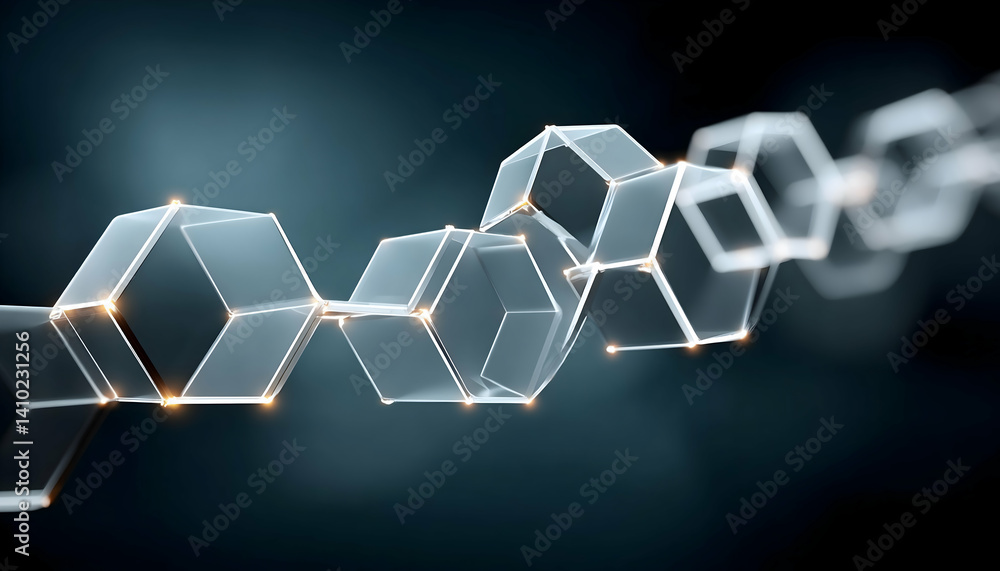 Poster abstract glowing hexagonal chain flowing through dark space