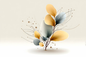 Abstract floral design with muted yellow and gray leaves, delicate lines, and subtle speckles on a beige background