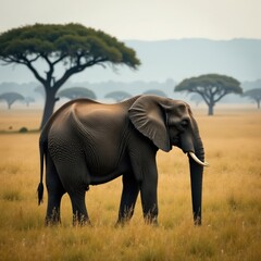 Obraz premium Grey elephant stands amidst misty savannah, water droplets on its back, acacia trees in the background, savannah, safari