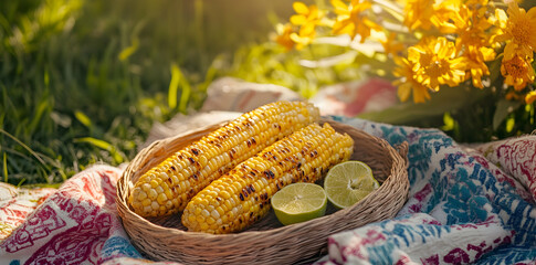 Grilled Corn on Cob with Limes and Flowers in a Decorative Basket on a Picnic Blanket