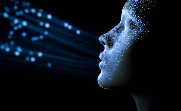 Futuristic human face dissolving into glowing digital particles and light trails against a dark blue background.
