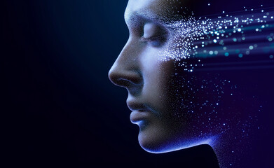 Obraz premium Futuristic human face dissolving into glowing digital particles and light trails against a dark blue background. 