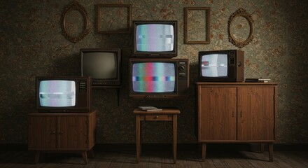 Static Screens Vintage Televisions - Multiple vintage televisions displaying static on a wood-paneled wall. Nostalgic retro scene