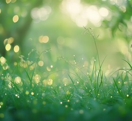 Obraz premium Lush green grass bathed in morning light, dew drops sparkling