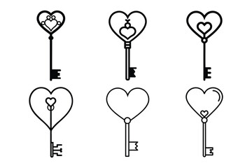 Set of Heart shaped key design with intricate details, perfect for romantic and vintage themed illustration