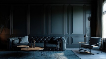 Dark & moody living room with a luxurious sectional sofa.