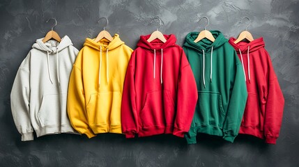 Colorful Hoodies Hanging on Hangers Against a Textured Wall